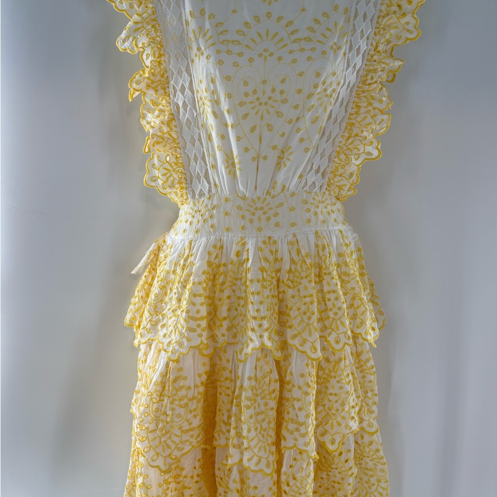 NJ Couture Yellow and White Eyelet Lace Tiered Sundress Ruffles Sunny Size L - Picture 4 of 17